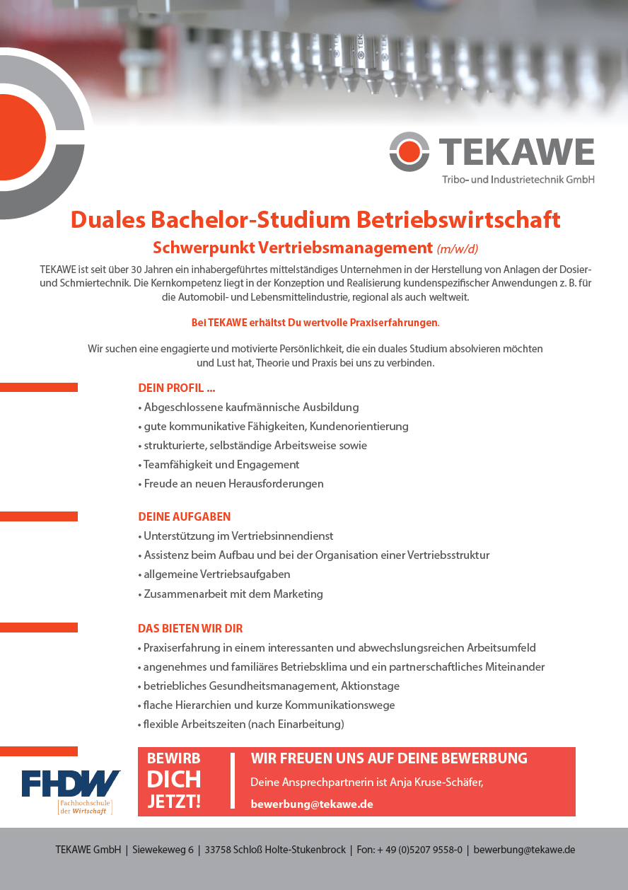 TEKAWE GmbH: Duales Bachelor-Studium Betriebswirtschaft – Vertriebsmanagement (B.A.)