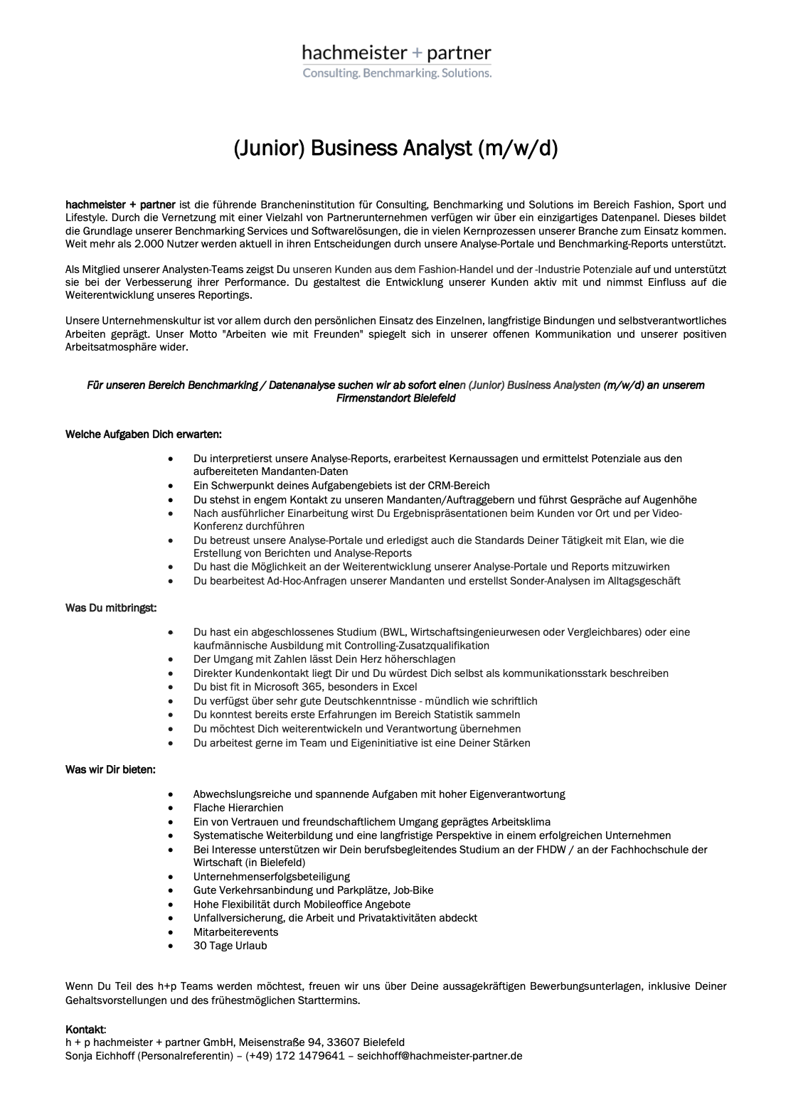 h+p hachmeister + partner GmbH: (Junior) Business Analyst (m/w/d)