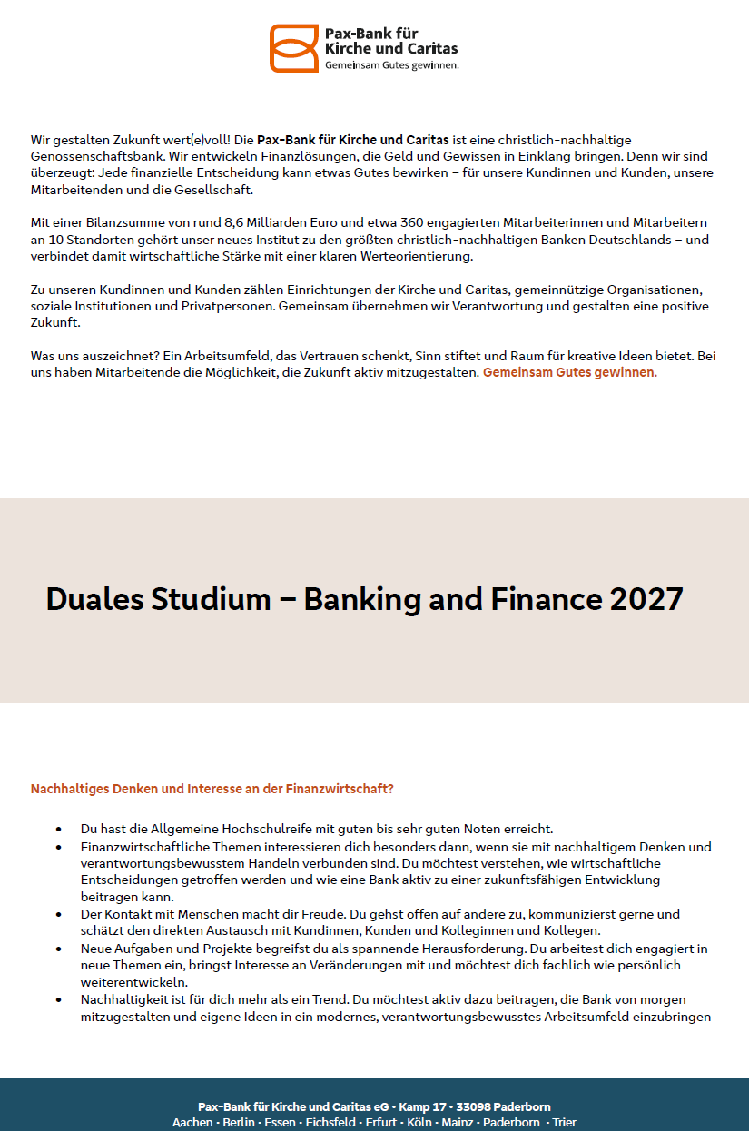 Pax Bank für Kirche und Caritas eG: Duales Bachelor-Studium Betriebswirtschaft – Banking and Finance (B.A.)