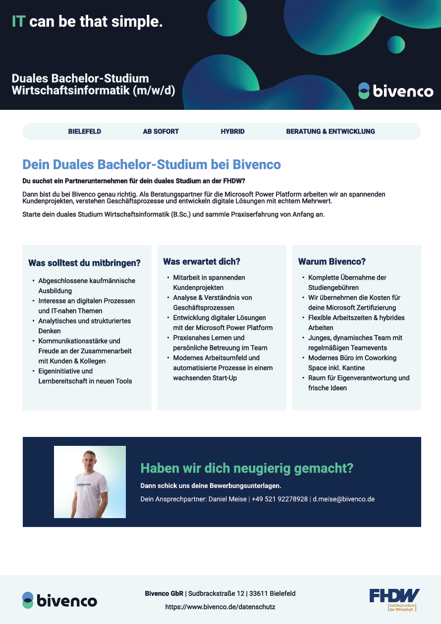 Bivenco GbR: Duales Bachelor-Studium Wirtschaftsinformatik (B.Sc.)