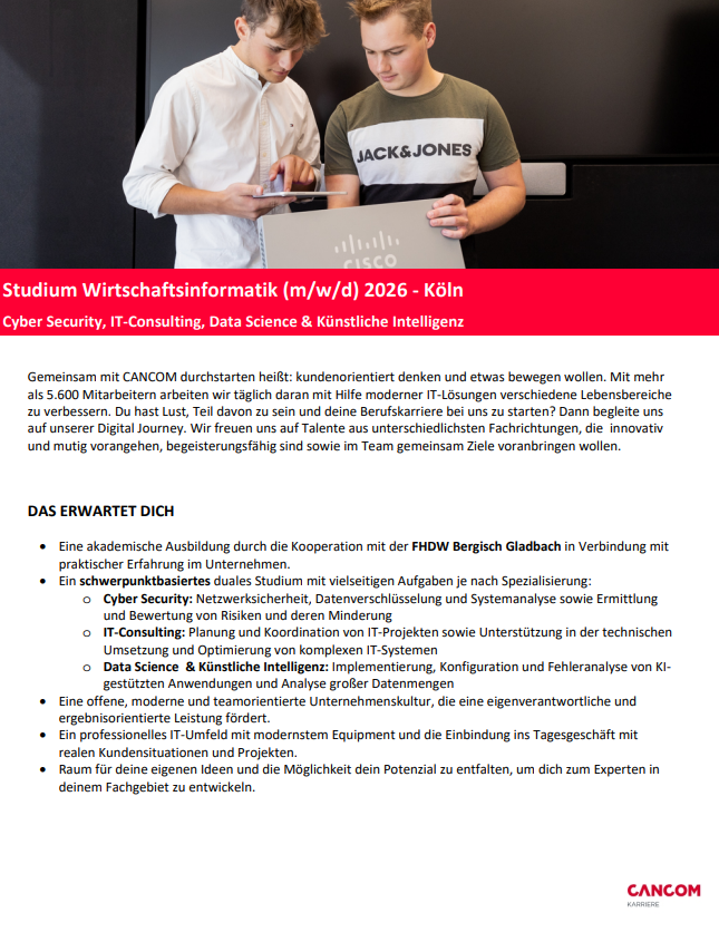 CANCOM GmbH: Duales Bachelor-Studium Wirtschaftsinformatik (m/w/d) – Cyber Security, IT-Consulting, Data Science & Künstliche Intelligenz (B.Sc.)