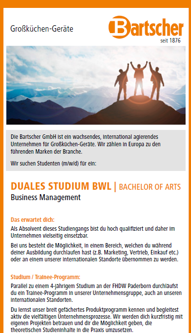 Bartscher GmbH: Duales Bachelor-Studium Betriebswirtschaft – Business Management (B.A.)