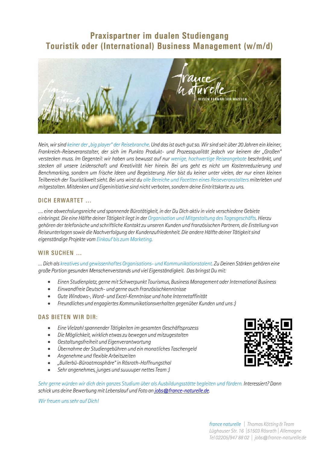 France Naturelle GmbH: Duales Bachelor-Studium Betriebswirtschaft – Business Management, International Business, Tourismusmanagement (B.A.)