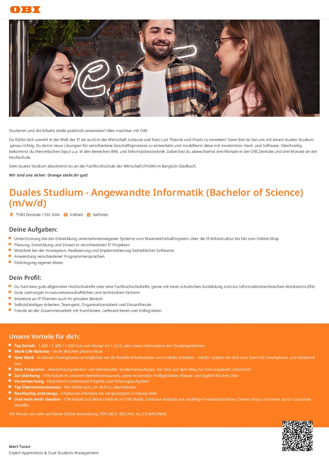 OBI Group Holding: Duales Bachelor-Studium Angewandte Informatik (B.Sc.) in Köln