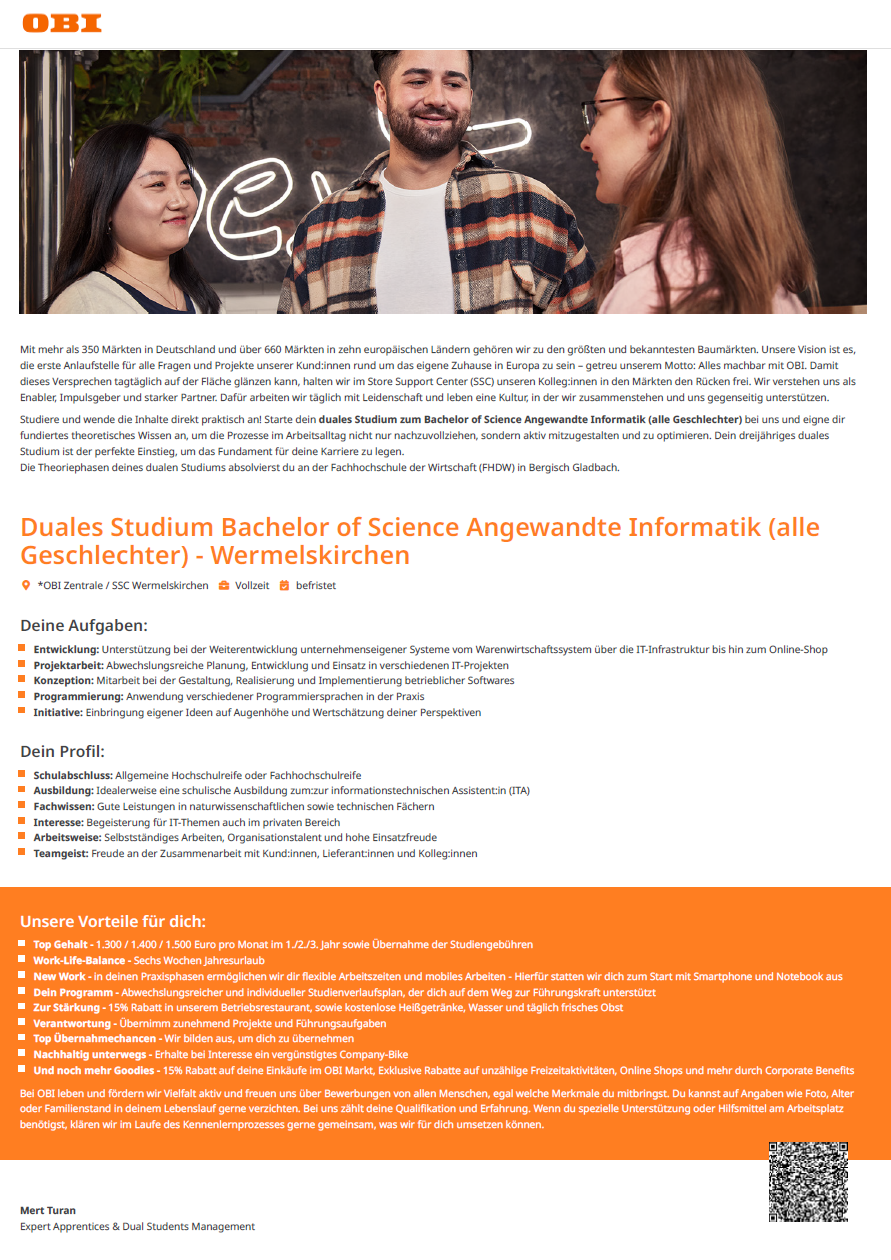 OBI Group Holding: Duales Bachelor-Studium Angewandte Informatik (B.Sc.) in Wermelskirchen