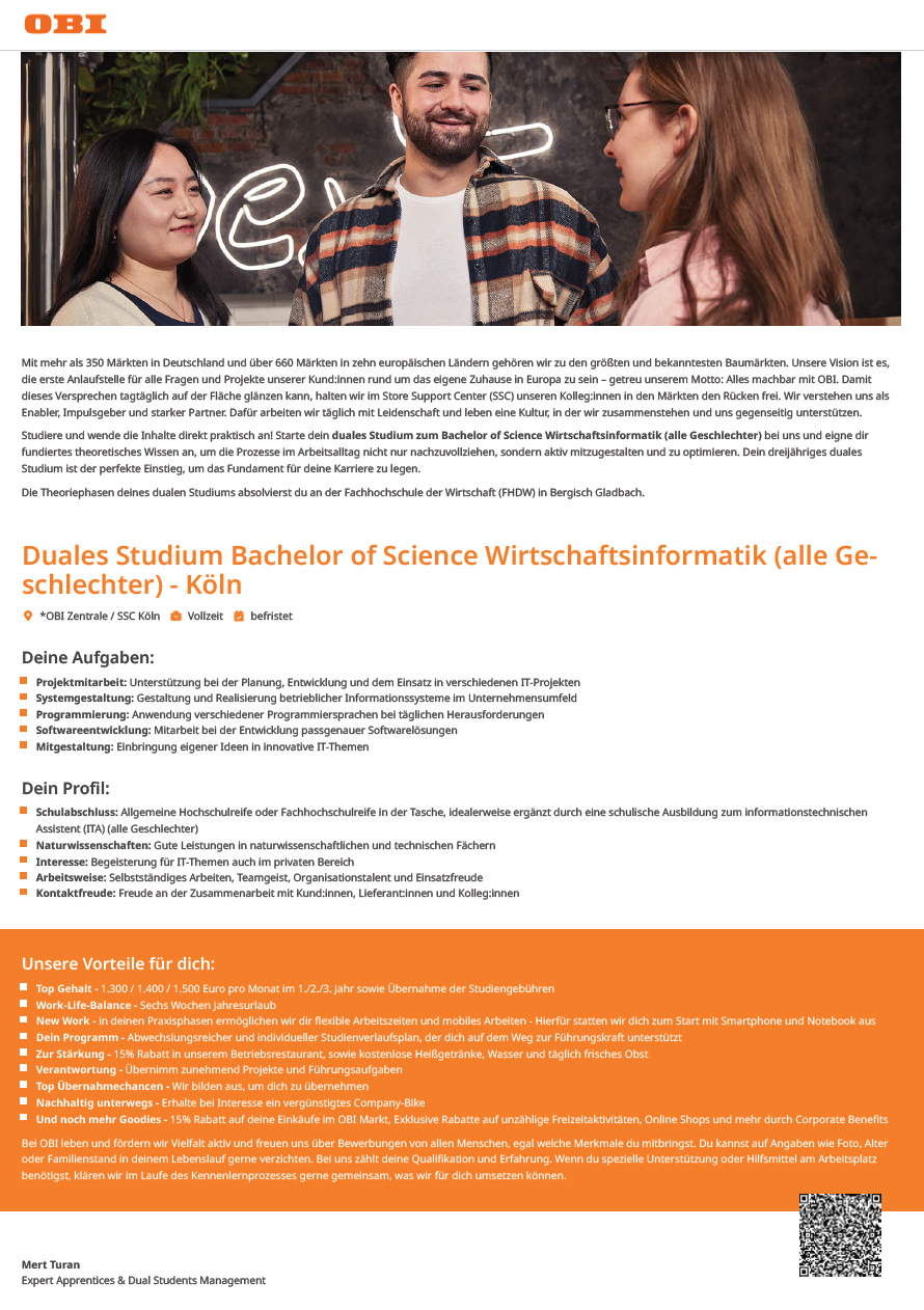 OBI Group Holding SE & Co. KGaA: Duales Bachelor-Studium Wirtschaftsinformatik (B.Sc.) in Köln