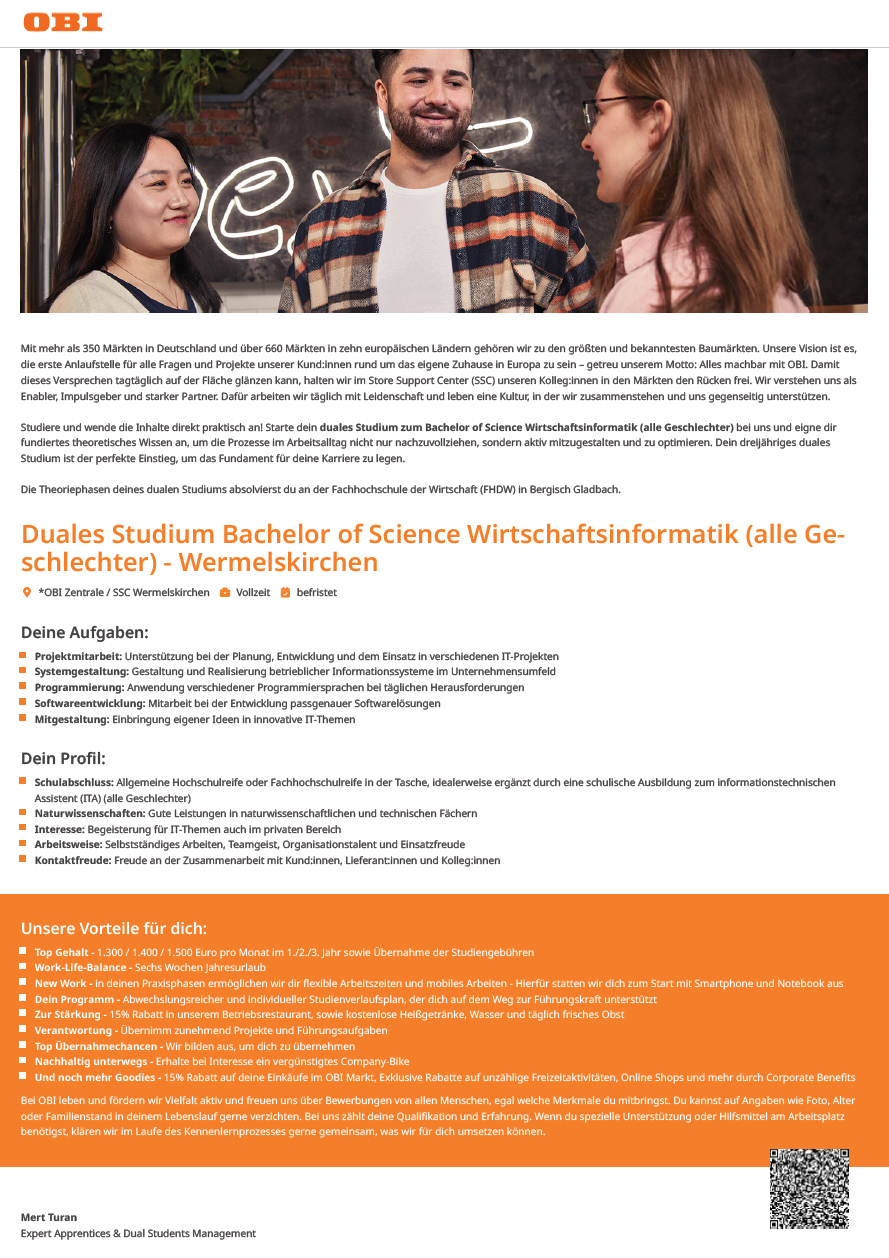 OBI Group Holding: Duales Bachelor-Studium Wirtschaftsinformatik (B.Sc.) in Wermelskirchen