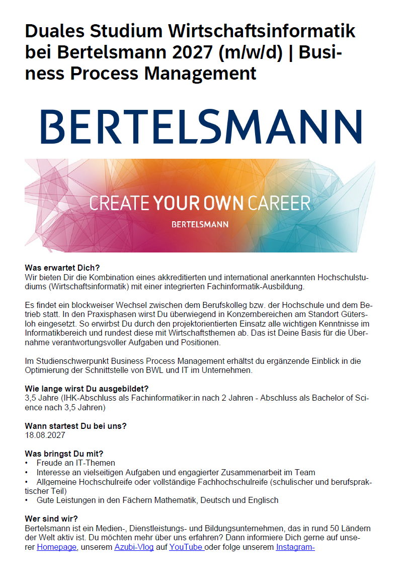 Bertelsmann SE & Co. KGaA: Duales Bachelor-Studium Wirtschaftsinformatik – Business Process Management (B.Sc.) und integrierte Ausbildung