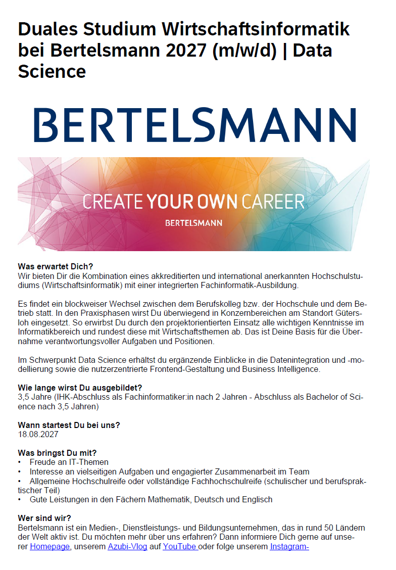 Bertelsmann SE & Co. KGaA: Duales Bachelor-Studium Wirtschaftsinformatik – KI & Data Science (B.Sc.) und integrierte Ausbildung