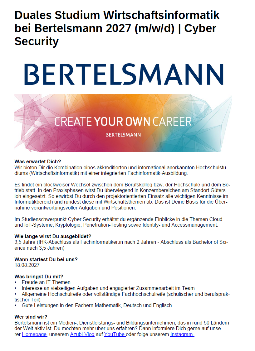 Bertelsmann SE & Co. KGaA: Duales Bachelor-Studium Wirtschaftsinformatik – Cyber Security (B.Sc.) und integrierte Ausbildung