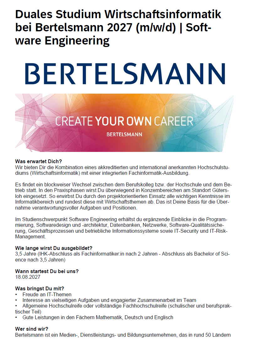 Bertelsmann SE & Co. KGaA: Duales Bachelor-Studium Wirtschaftsinformatik – Software Engineering (B.Sc.) und integrierte Ausbildung