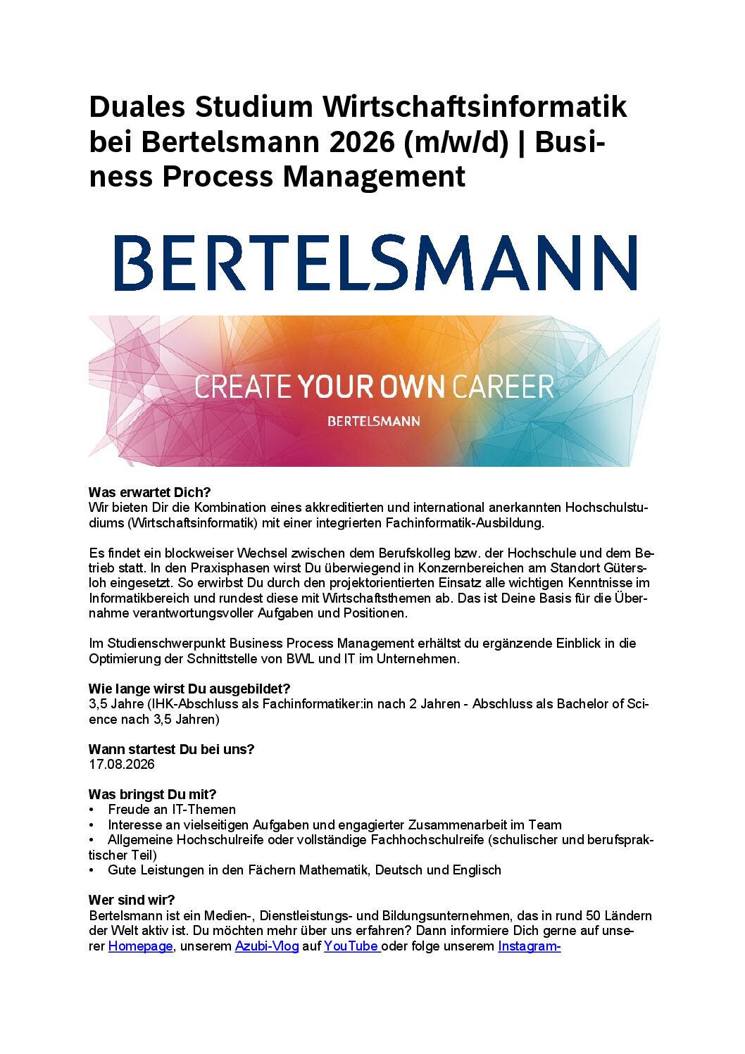 Bertelsmann SE & Co. KGaA: Duales Bachelor-Studium Wirtschaftsinformatik (B.Sc.) und integrierte Ausbildung
