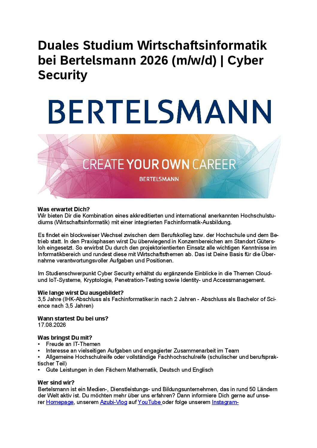 Bertelsmann SE & Co. KGaA: Duales Bachelor-Studium Wirtschaftsinformatik – Cyber Security (B.Sc.) und integrierte Ausbildung