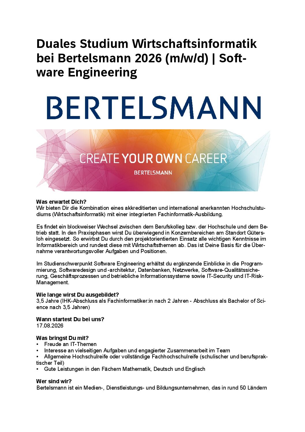 Bertelsmann SE & Co. KGaA: Duales Bachelor-Studium Wirtschaftsinformatik – Software Engineering (B.Sc.) und integrierte Ausbildung