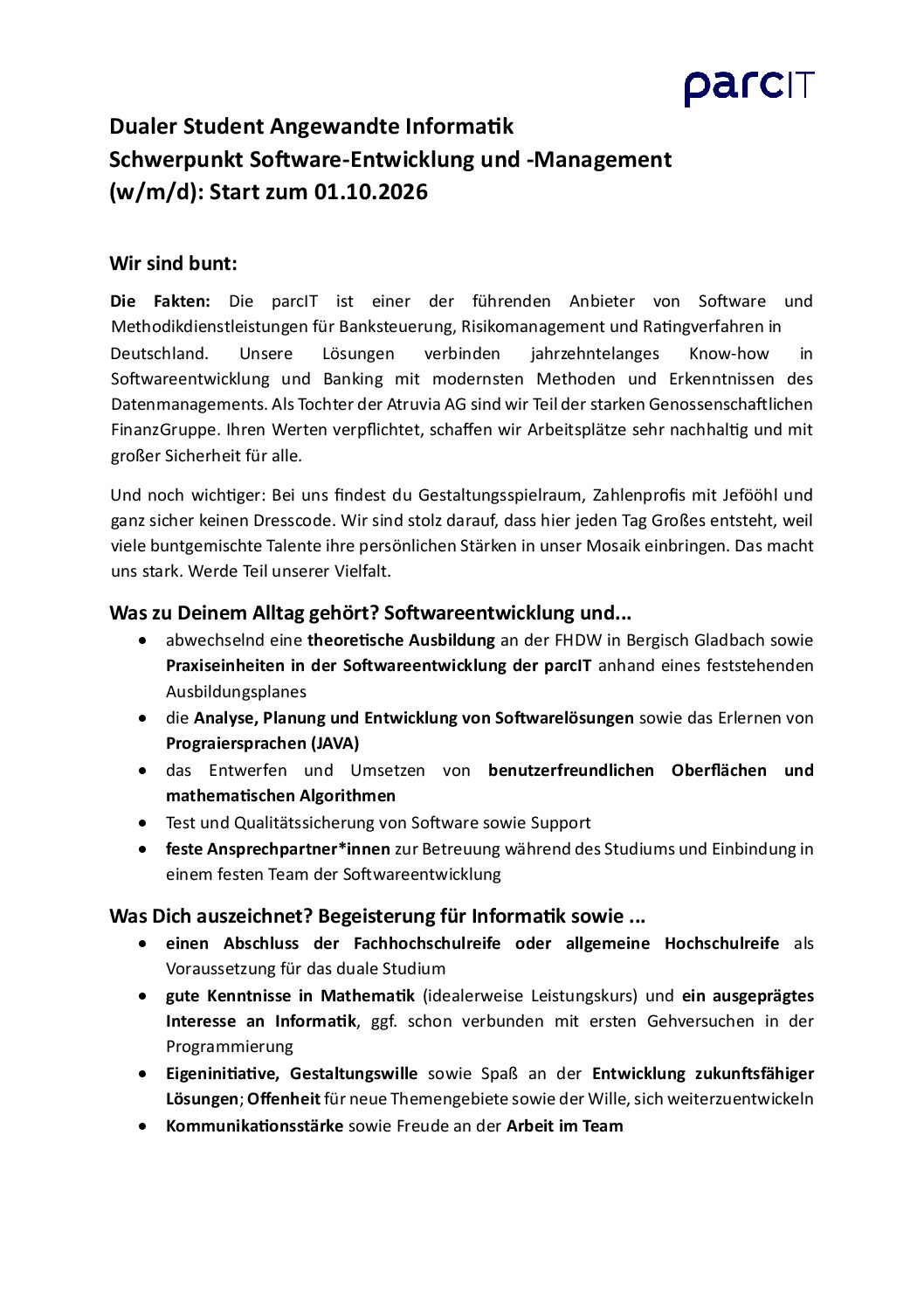 parcIT: Duales Bachelor-Studium Angewandte Informatik (B.Sc.)