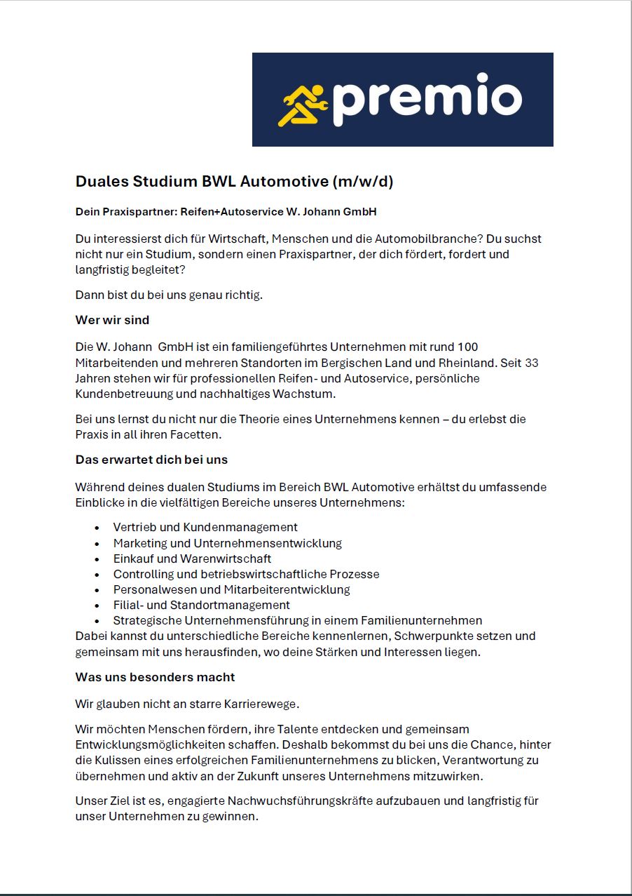 Reifen+Autoservice W. Johann GmbH: Duales Bachelor-Studium BWL – Automotive Management (B.A.)