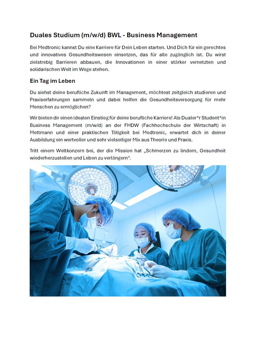 Medtronic GmbH: Duales Bachelor-Studium Betriebswirtschaftslehre – Business Management (B.A.)