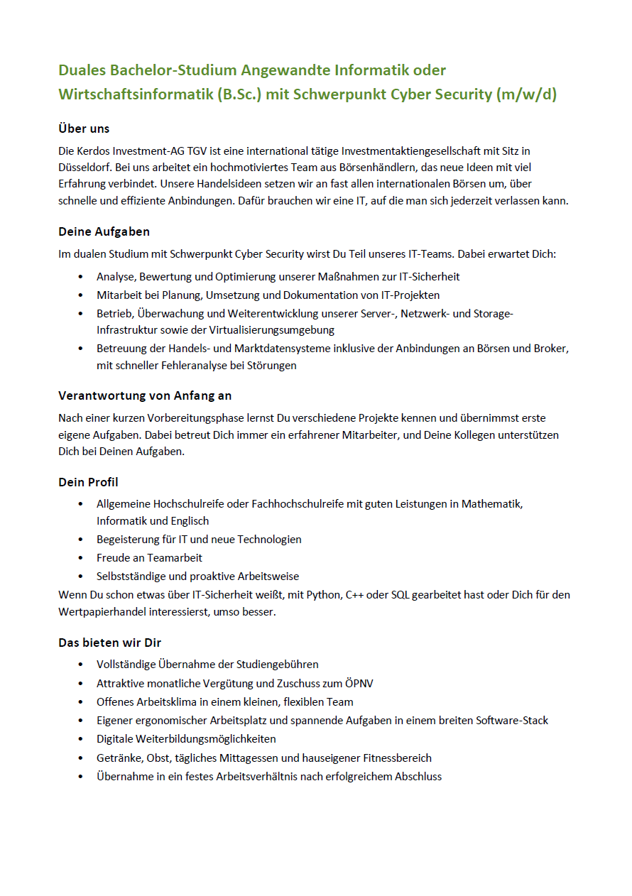 Kerdos Investment-AG TGV: Duales Bachelor-Studium Wirtschaftsinformatik oder Angewandte Informatik (B.Sc.)